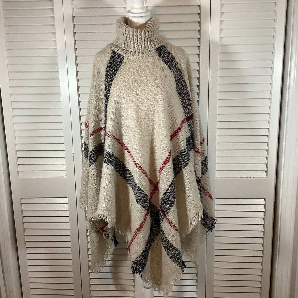 Turtleneck Poncho, camel, black and red